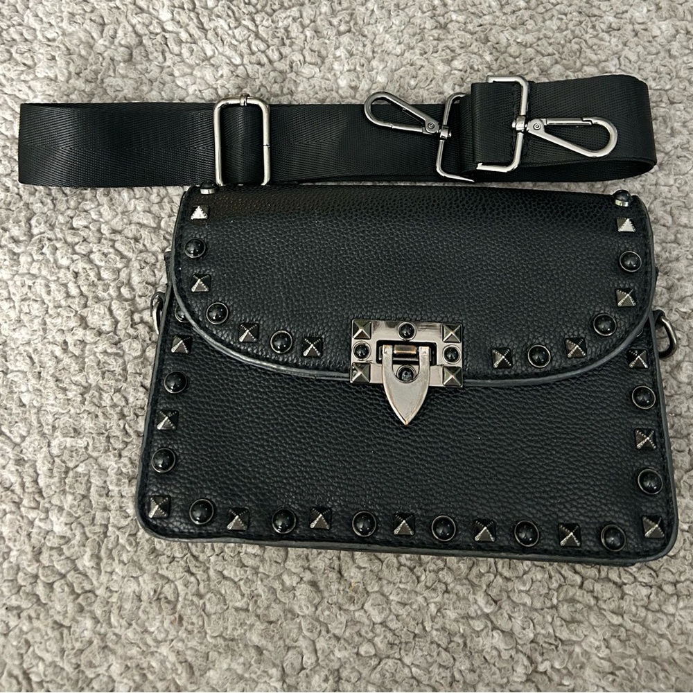Black Studded Crossbody Leather Bag Purse with Adjustable Strap